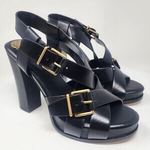 Vince Camuto Costanie Platform Heeled Sandals Women 8 Black Leather Gold Buckle
